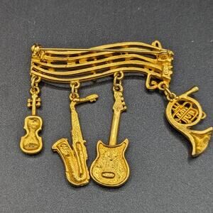 Vintage Gold Toned Granny Core Musical Brooch Lapel Pin Instruments Signed JJ